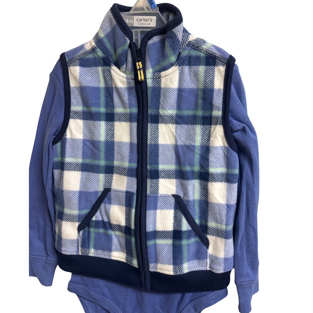 Carter’s Baby Boy 2 Sets 24M Vest Outfit Bundle Bodysuit Pants Plaid Dino New - Picture 2 of 7